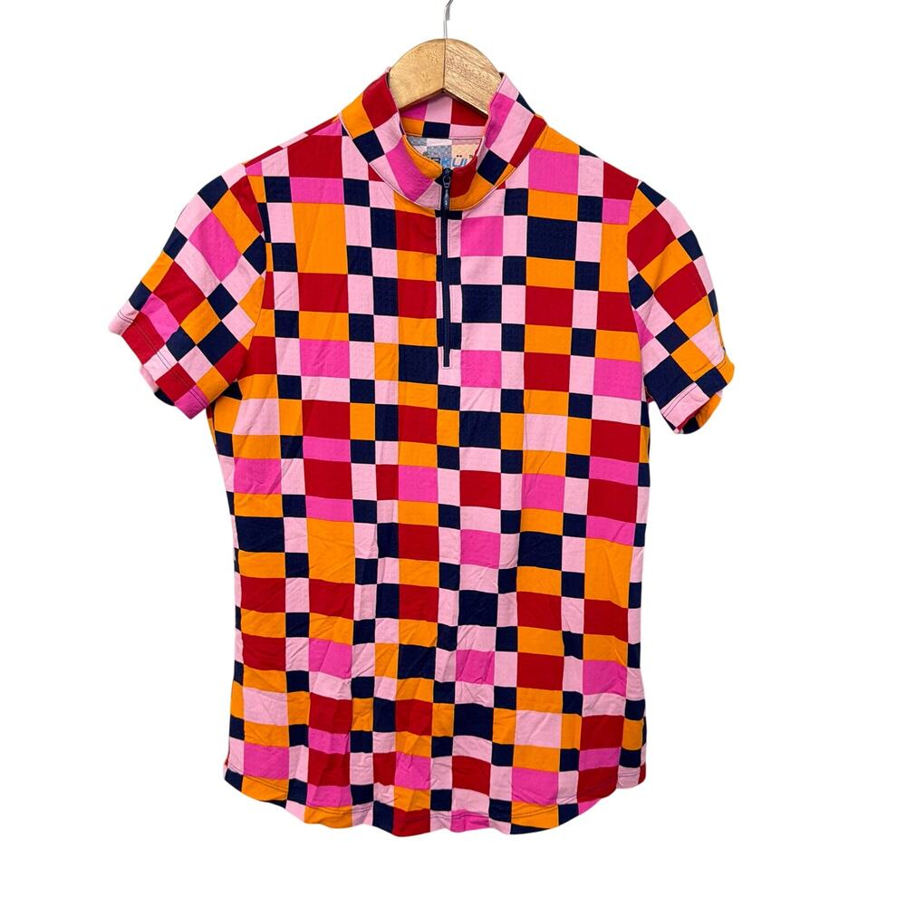 Ibkul Top Womens Medium Annalise Short Sleeve Mock Neck Multicolor 1/4 Zip UPF